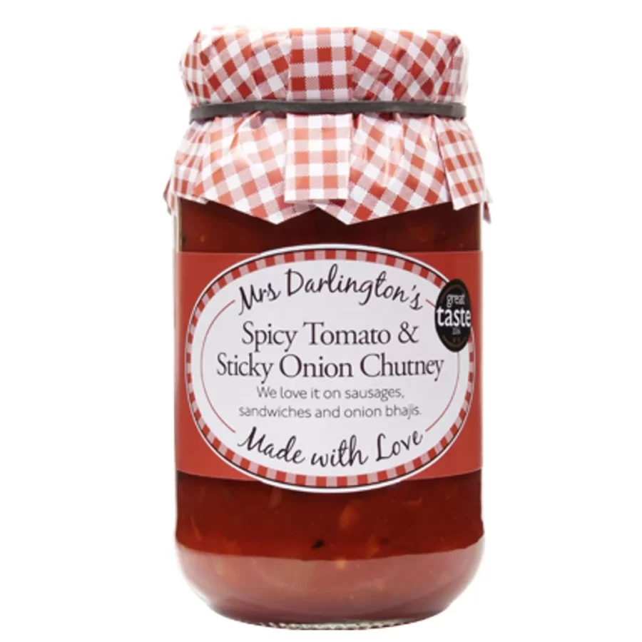 image of a jar of spicy tomato onion chutney