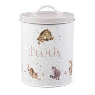 Picture of treat tin with cat illustrations.