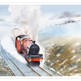 Picture of card depicting a train on the winter fells