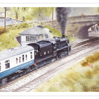 image of card depicting a train pulling into Wennington Station