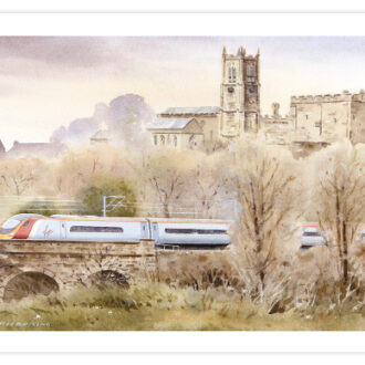 Card ddepicting vigin trains 'pendolino' leaving Lancaster
