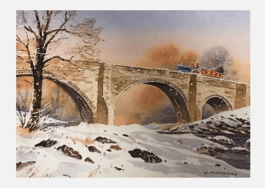 picture of card depicting Devil's Bridge at Christmas.