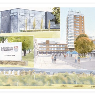 Picture of card depicting Lancaster University views.