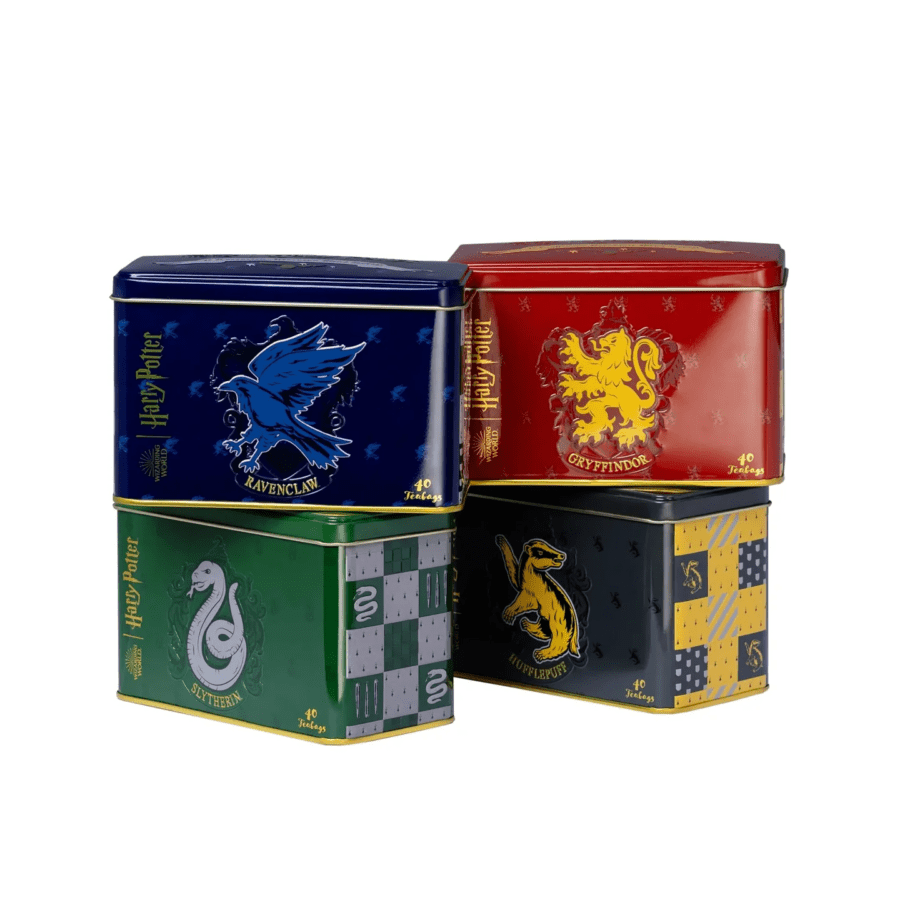 Picture of harry potter house pride tea tins.